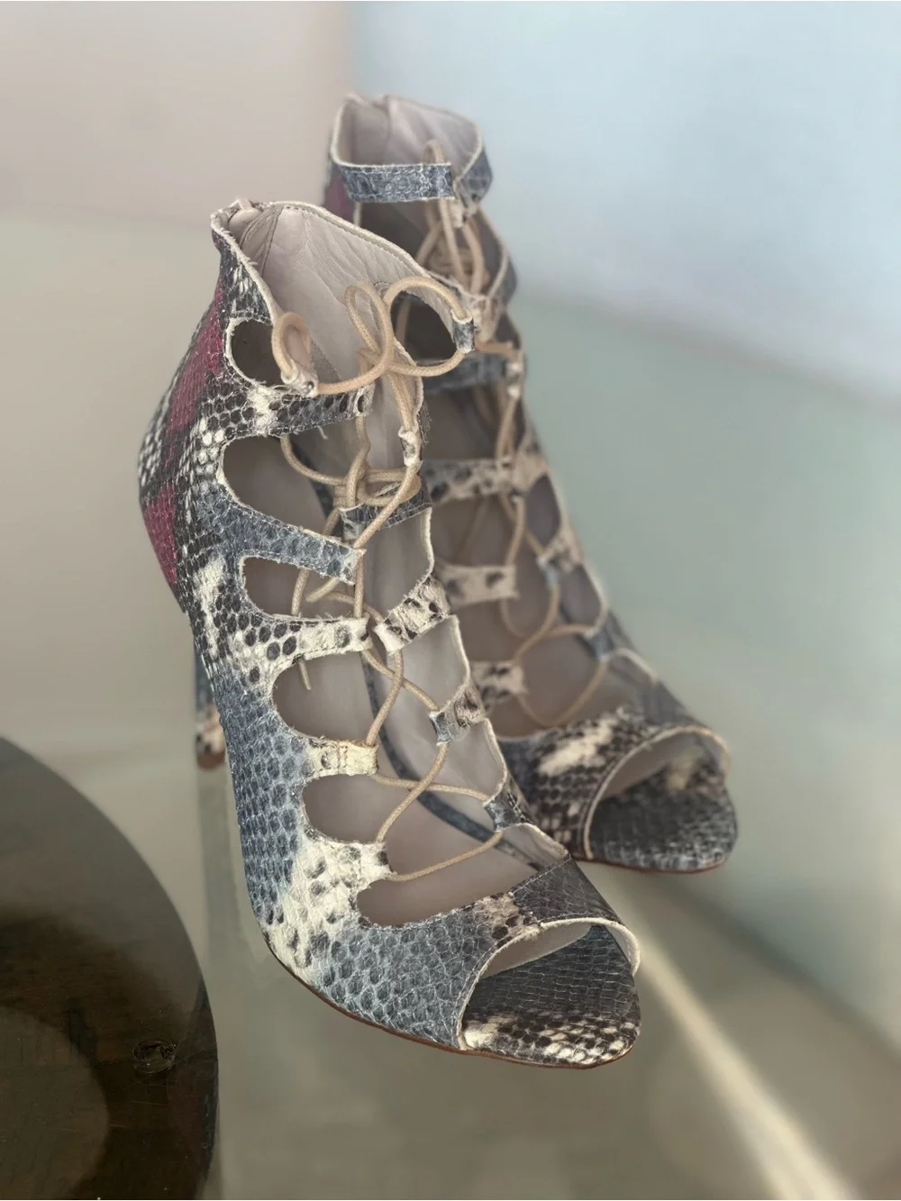 Zara Snake-Print Lace-Up leather Stiletto Heels in Pink and Neutral sz 39 (8 US)